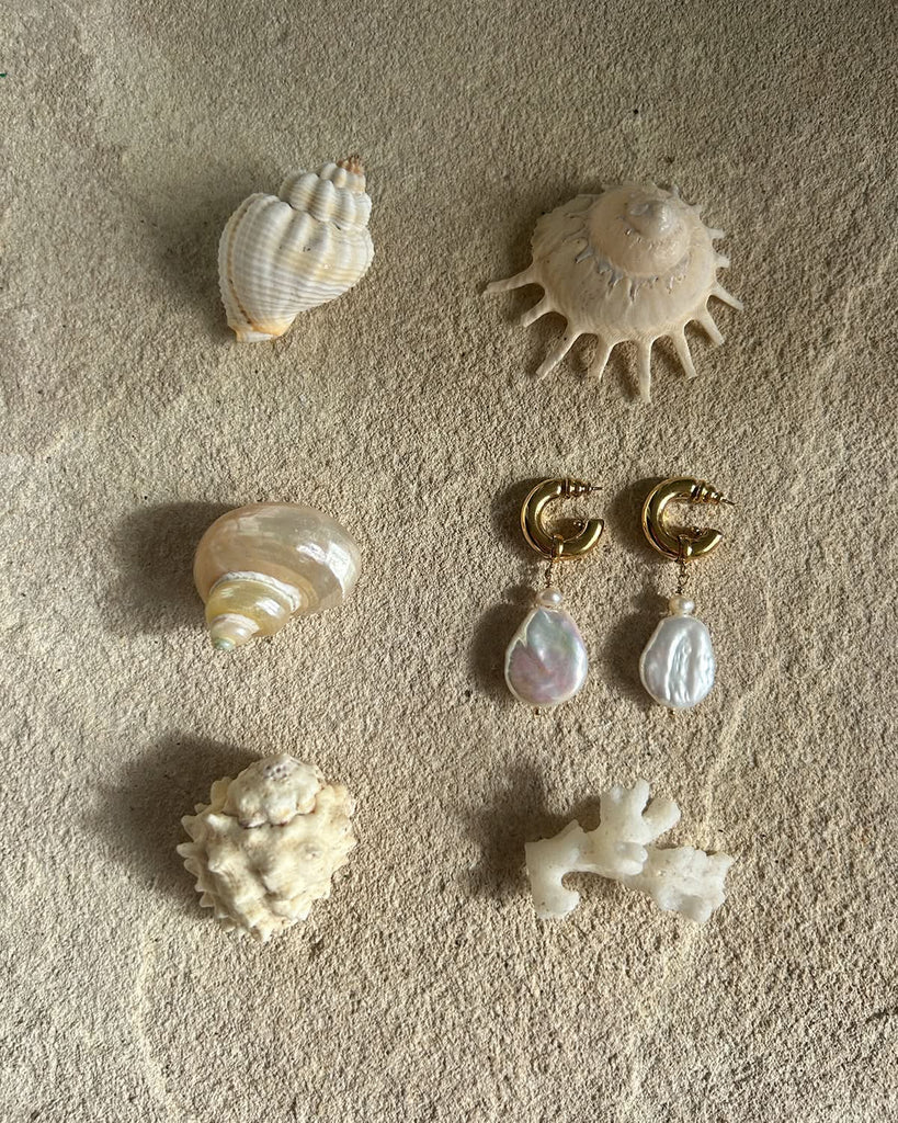 large pearl earrings photographed next to shells