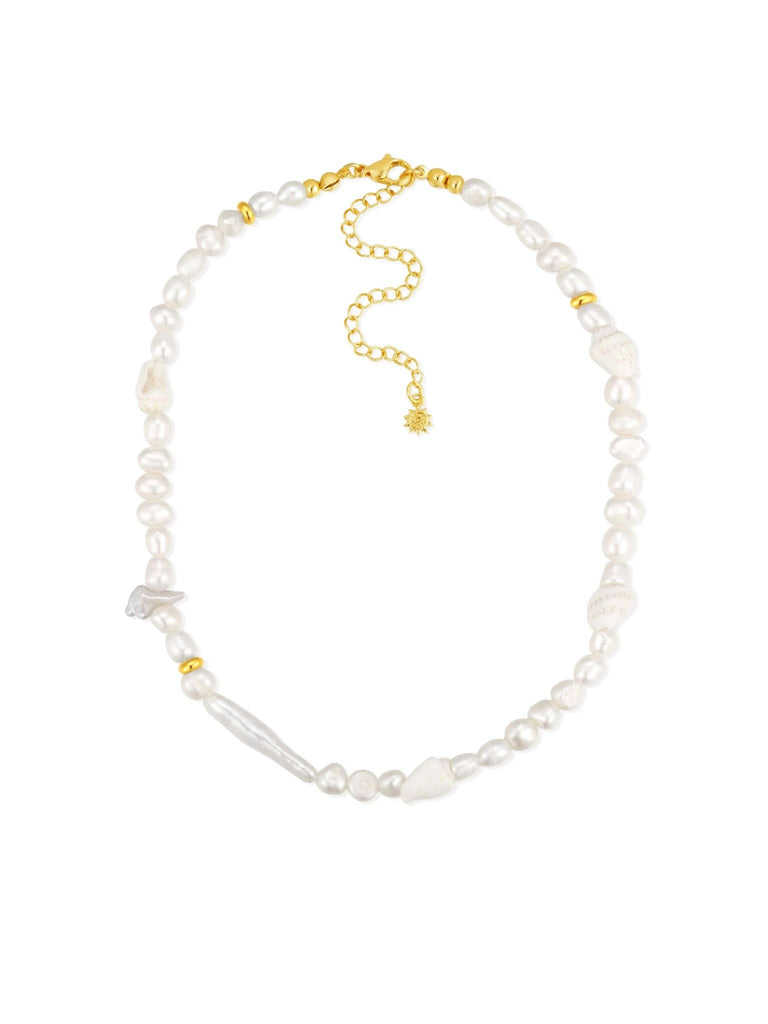 shell and pearl necklace in white background