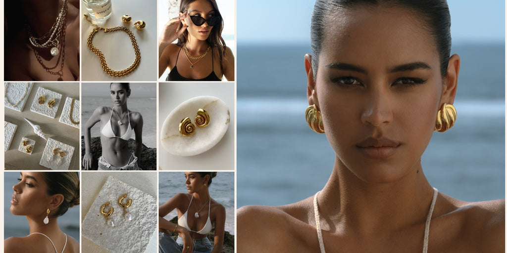 statement jewelry on the model with ocean at the background