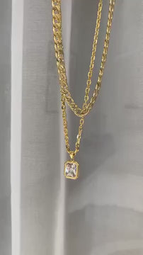 gold chains and rectangle crystal pendant necklace
