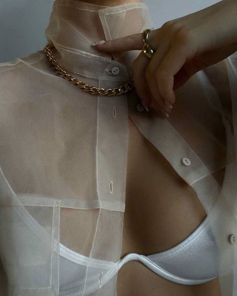 see-through blouse, white bra & gold necklace  