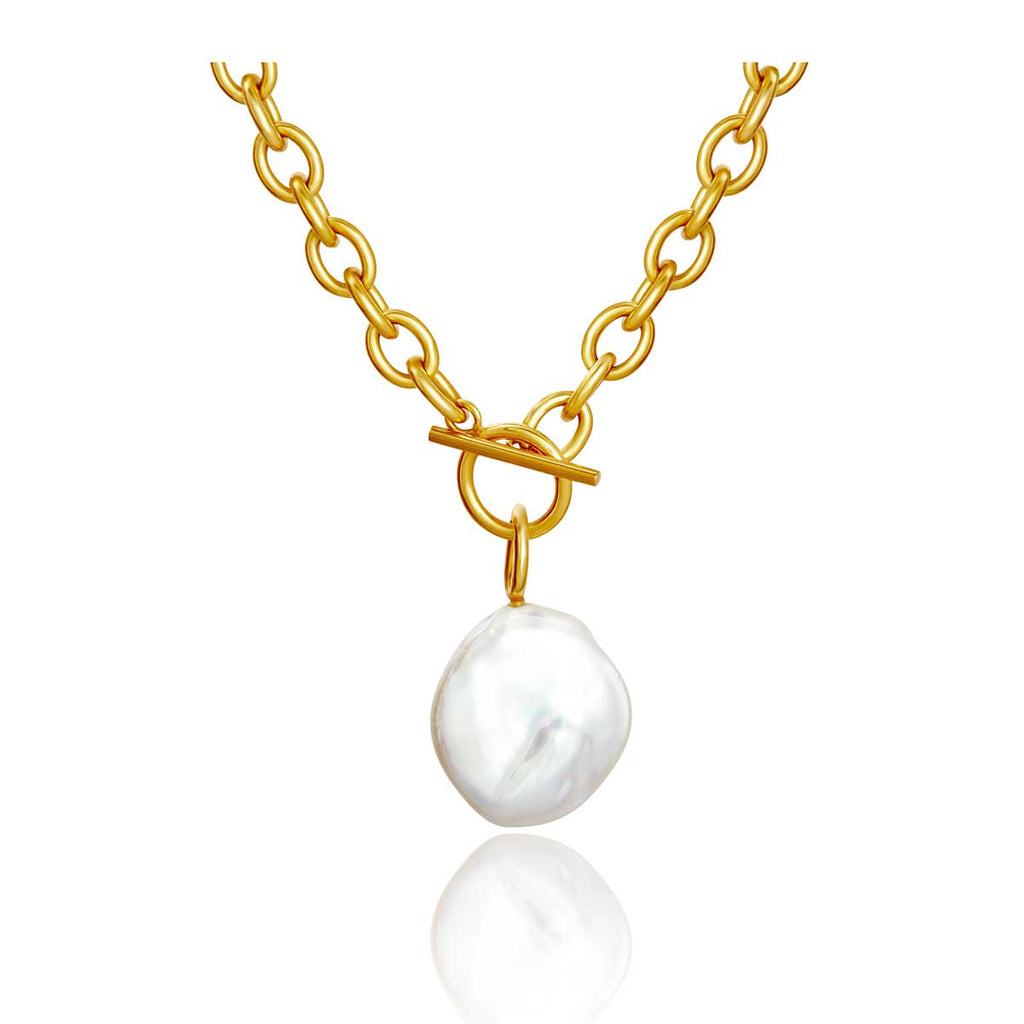 pearl and gold chain necklace on white background