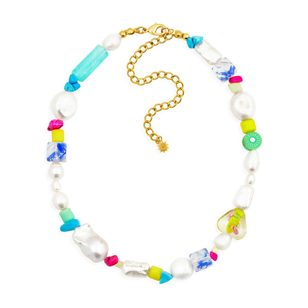 Colorful pearl and beaded choker on white background