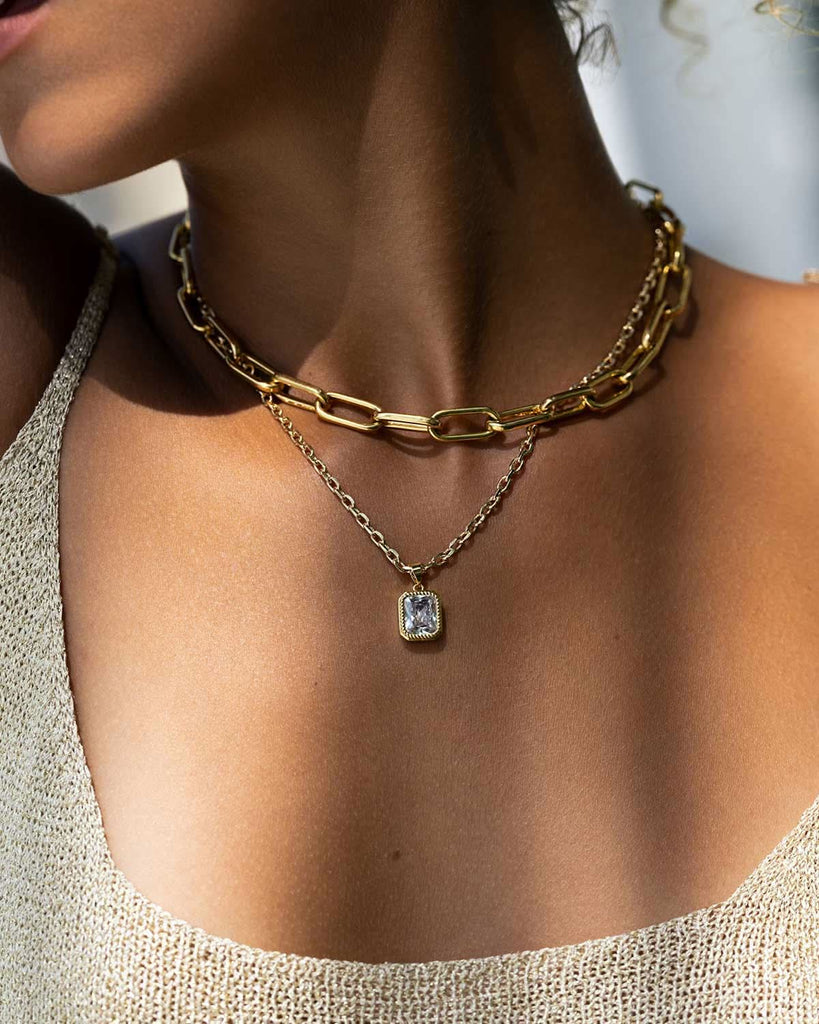 CZ Crystal Pendant Necklace layered with gold chain 